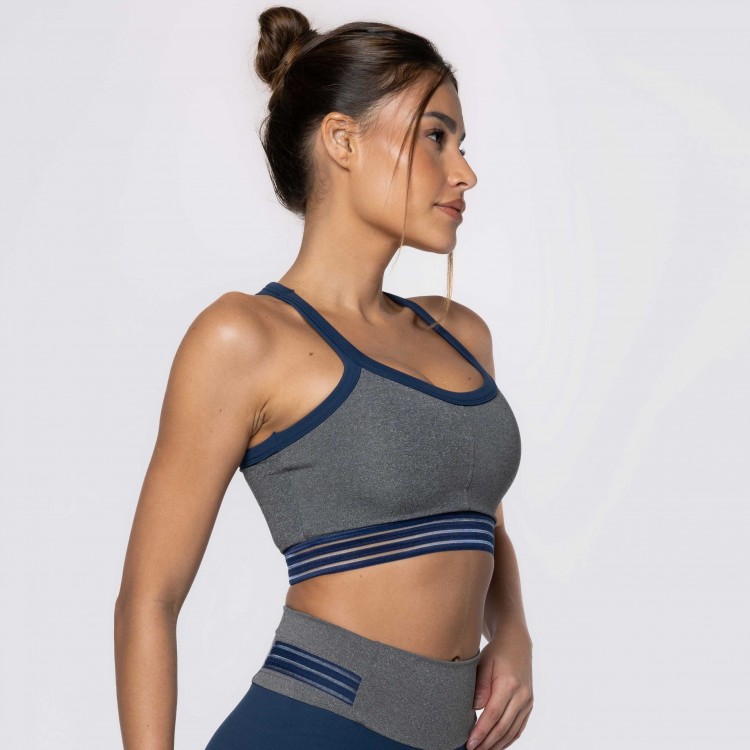 Top Fitness Cinza Mescla com Elástico Azul Marinho