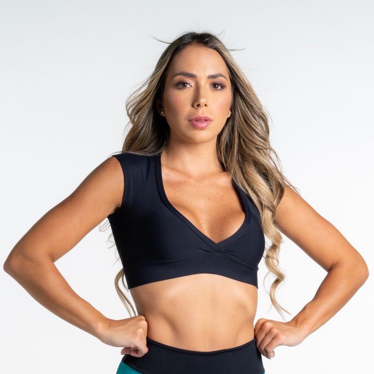Top Fitness Poliamida Manguinha Preto