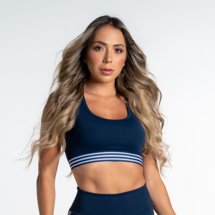 Top Fitness Poliamida Azul Marinho com Elástico Frisos