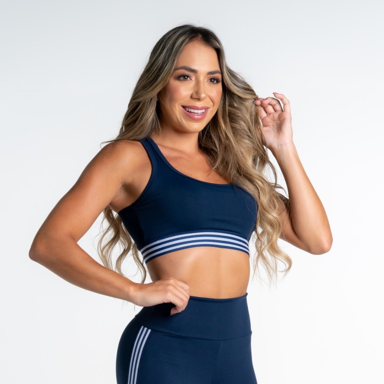 Top Fitness Poliamida Azul Marinho com Elástico Frisos