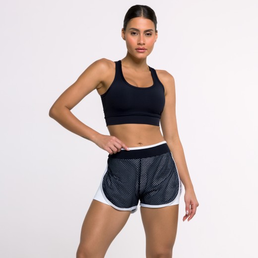 Short Fitness Preto com Tela e Viés Branco