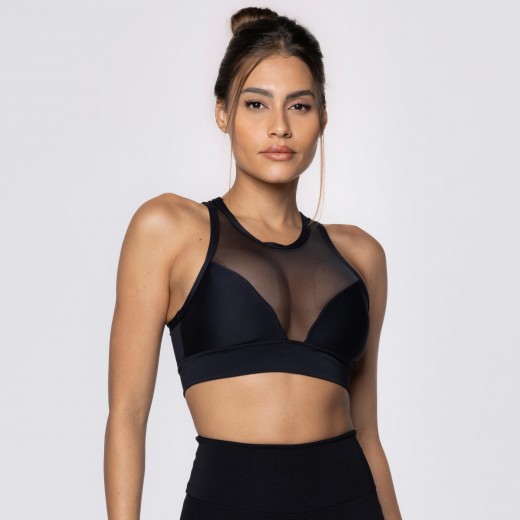 Top Fitness Preto Com Decote em Tule com Bojo