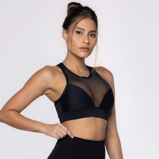 Top Fitness Preto Com Decote em Tule com Bojo