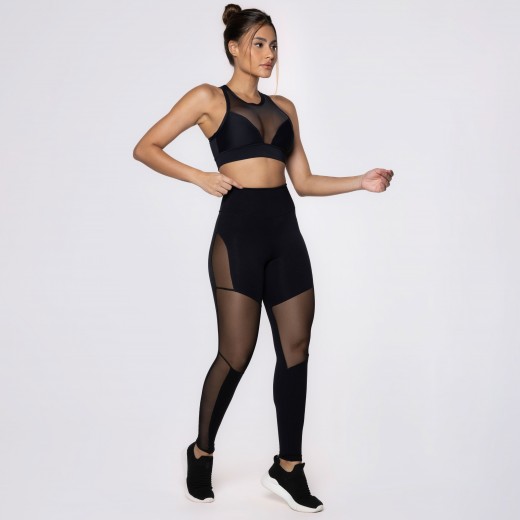 Top Fitness Preto Com Decote em Tule com Bojo