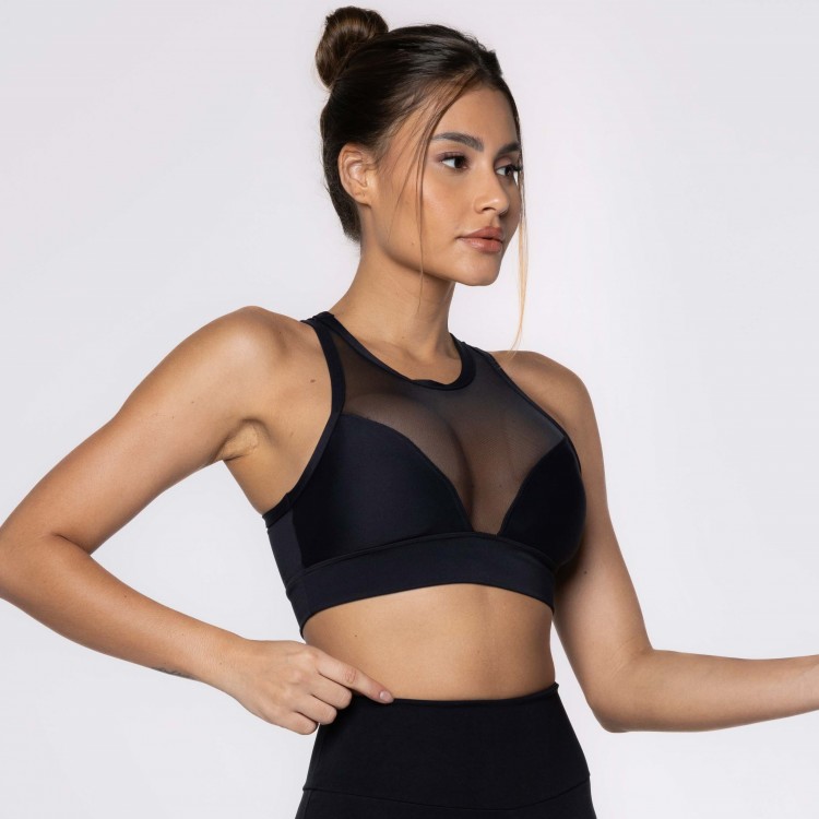 Top Fitness Preto Com Decote em Tule com Bojo