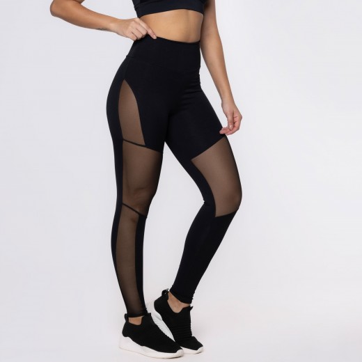 Calça Legging Poliamida Preta com Recortes em Tule
