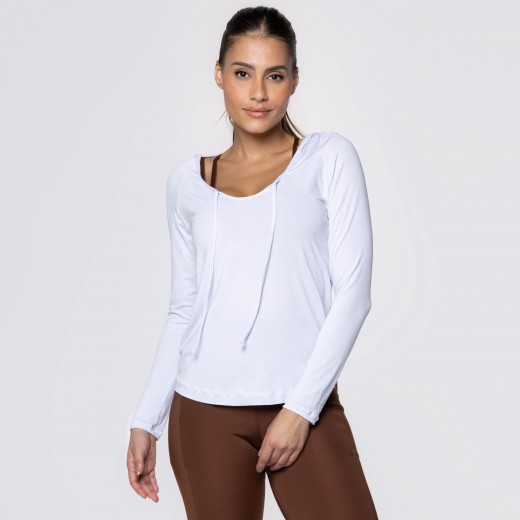 Blusa Manga Longa e Capuz Fitness Branca