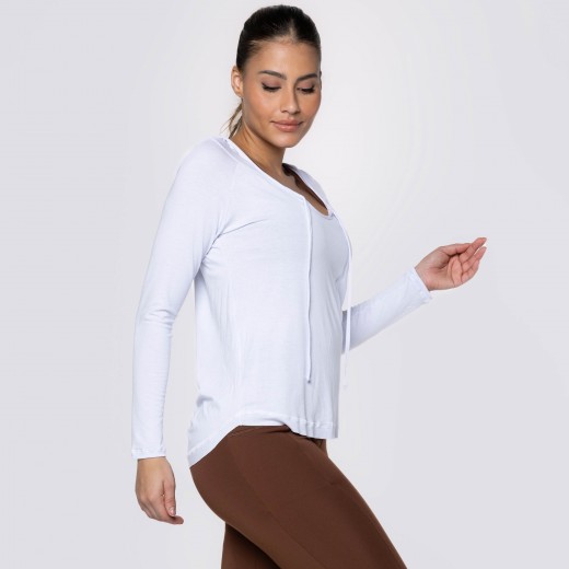 Blusa Manga Longa e Capuz Fitness Branca