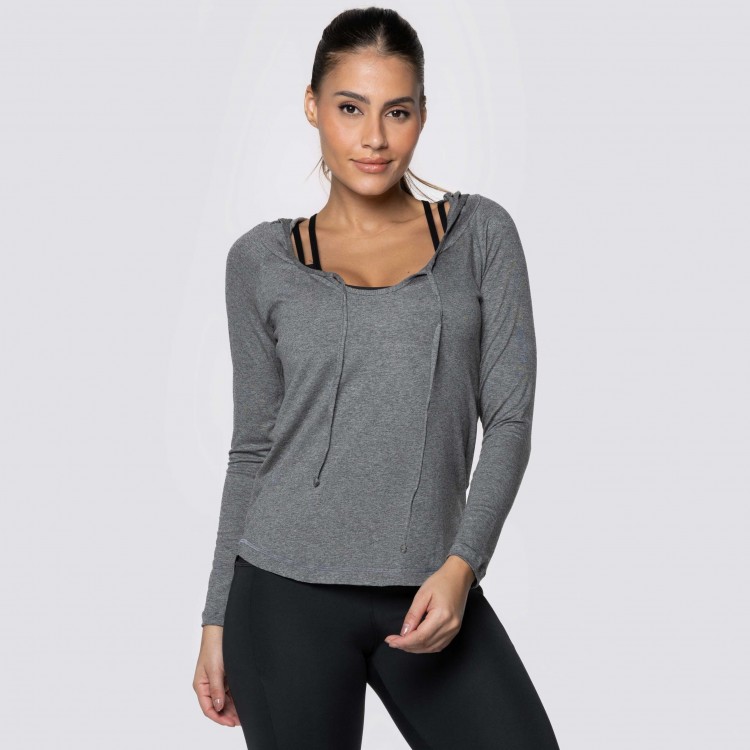 Blusa Manga Longa e Capuz Fitness Cinza