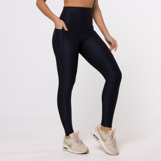 Legging Fitness Canelada Com Bolsos Laterais Preta Flux