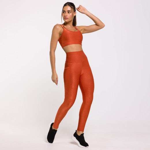 Legging Fitness Canelada Com Bolsos Laterais Bronze Flux