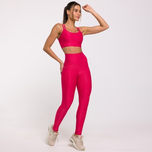 Legging Fitness Canelada Com Bolsos Laterais Rosa Flux