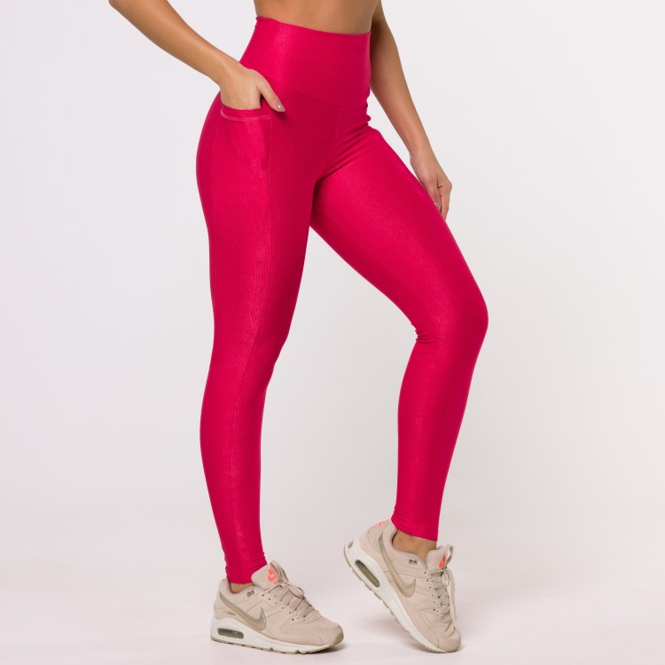 Legging Fitness Canelada Com Bolsos Laterais Rosa Flux