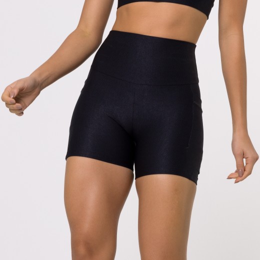 Short Fitness Canelado Com Bolsos Laterais Preto Flux