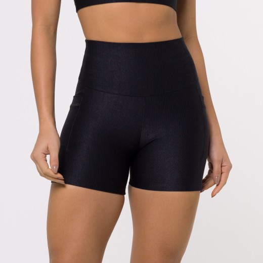 Short Fitness Canelado Com Bolsos Laterais Preto Flux