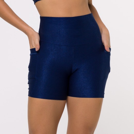 Short Fitness Canelado Com Bolsos Laterais Azul Marinho Flux