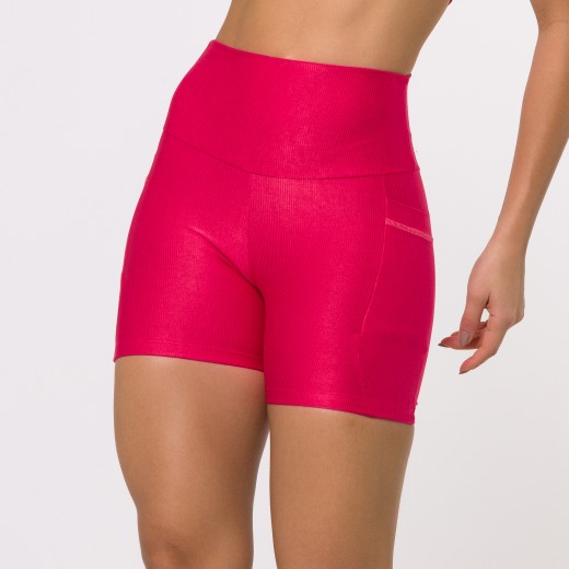 Short Fitness Canelado Com Bolsos Laterais Rosa Flux