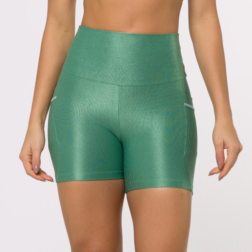 Short Fitness Canelado Com Bolsos Laterais Verde Flux