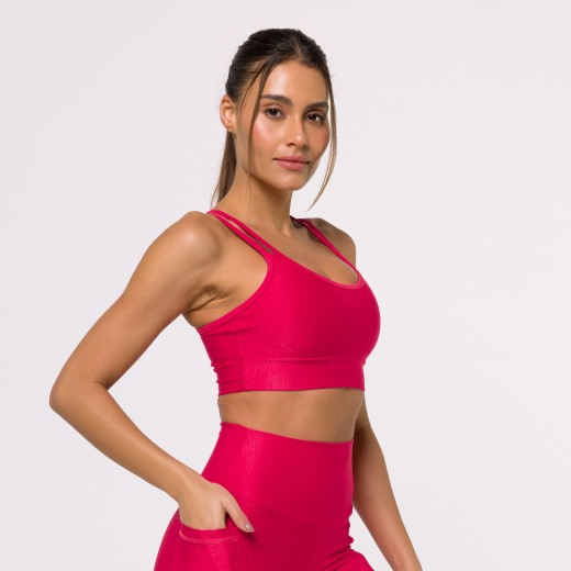 Top Fitness Canelado com Alças Duplas Rosa Flux