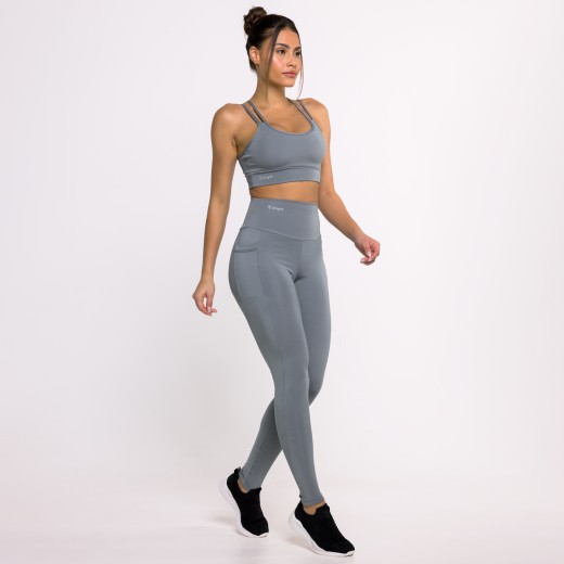 Calça Legging Basics Com Bolsos Laterais Cinza Grafite