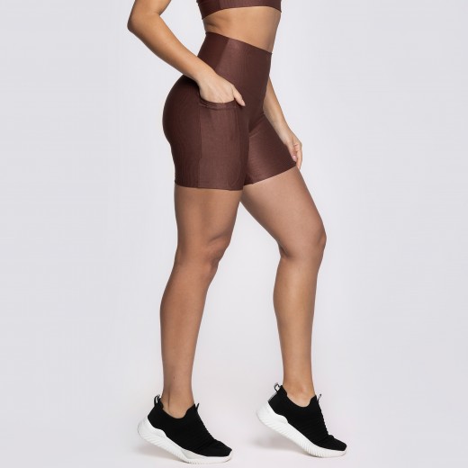 Short Fitness Canelado Com Bolsos Laterais Marrom Café Flux