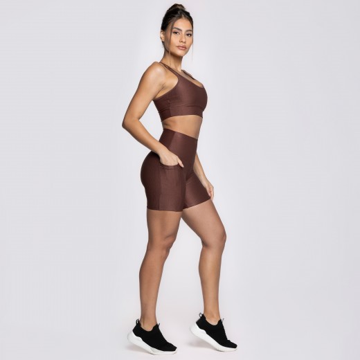 Short Fitness Canelado Com Bolsos Laterais Marrom Café Flux