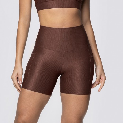 Short Fitness Canelado Com Bolsos Laterais Marrom Café Flux