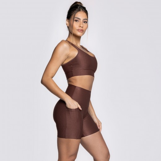 Short Fitness Canelado Com Bolsos Laterais Marrom Café Flux
