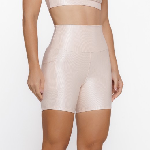 Short Fitness Canelado Com Bolsos Laterais Nude Flux