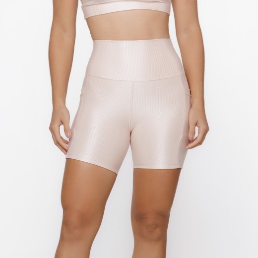 Short Fitness Canelado Com Bolsos Laterais Nude Flux