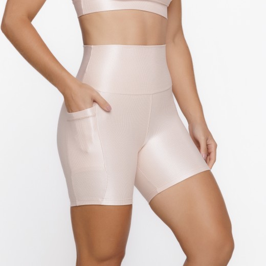 Short Fitness Canelado Com Bolsos Laterais Nude Flux