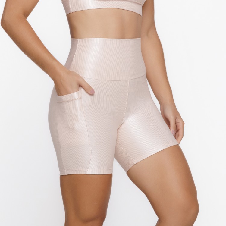 Short Fitness Canelado Com Bolsos Laterais Nude Flux