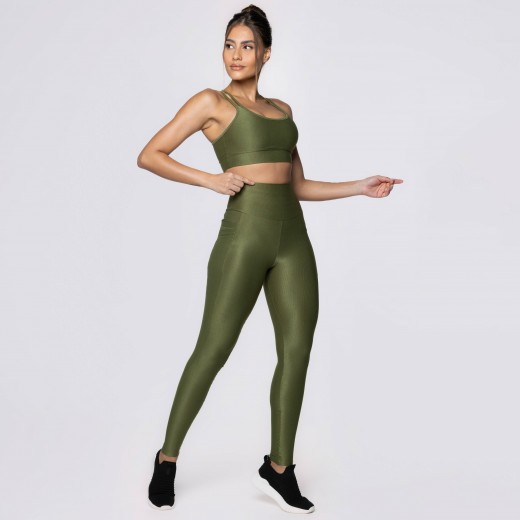Legging Fitness Canelada Com Bolsos Laterais Verde Musgo Flux