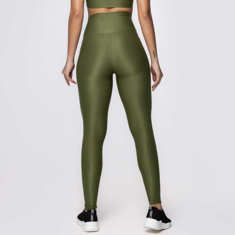 Legging Fitness Canelada Com Bolsos Laterais Verde Musgo Flux