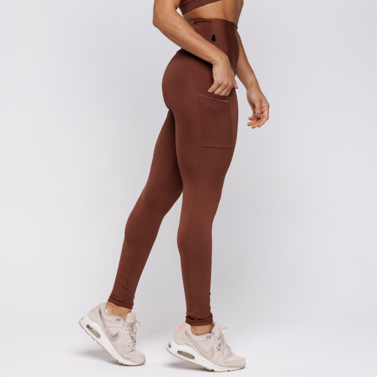 Calça Legging Com Três Bolsos Marrom Café
