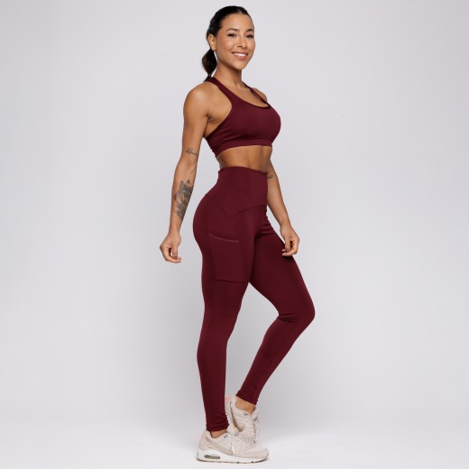 Calça Legging Com Três Bolsos Vermelho Bordô