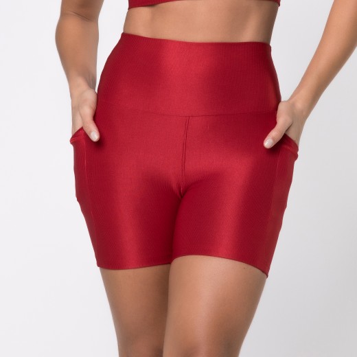 Short Fitness Canelado Com Bolsos Laterais Vermelho Rubi Flux