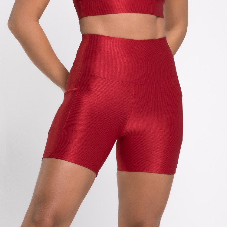 Short Fitness Canelado Com Bolsos Laterais Vermelho Rubi Flux