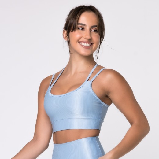 Top Fitness Canelado com Alças Duplas Azul Frozen Flux