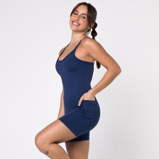 Macaquinho Fitness com Bolsos Laterais Azul Marinho