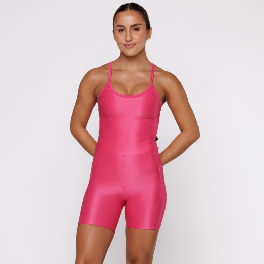 Macaquinho Fitness Canelado Com Bolsos Laterais Pink Flux