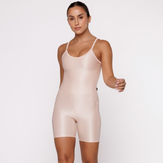 Macaquinho Fitness Canelado Com Bolsos Laterais Nude Flux