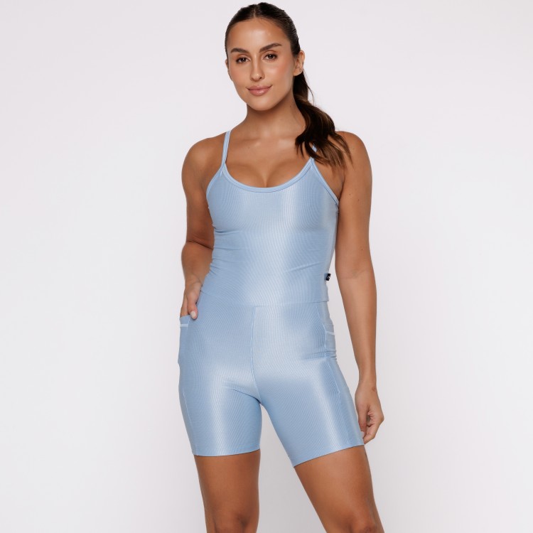 Macaquinho Fitness Canelado Com Bolsos Laterais Azul Frozen
