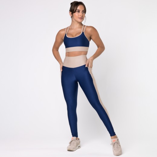 Legging Fitness Canelada Colors Com Bolsos Laterais Azul Marinho