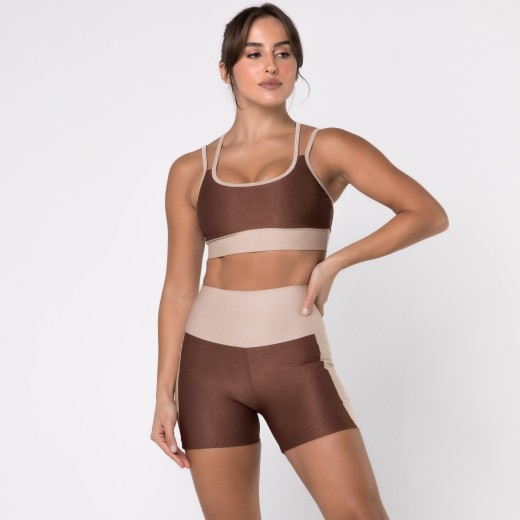 Short Fitness Canelado Com Bolsos Laterais Colors Marrom