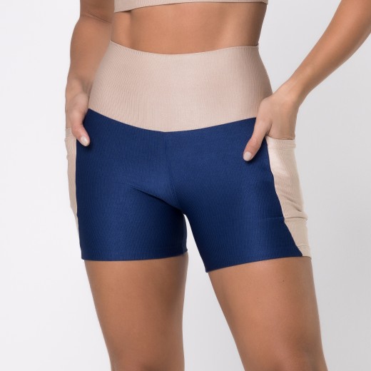 Short Fitness Canelado Com Bolsos Laterais Colors Azul Marinho