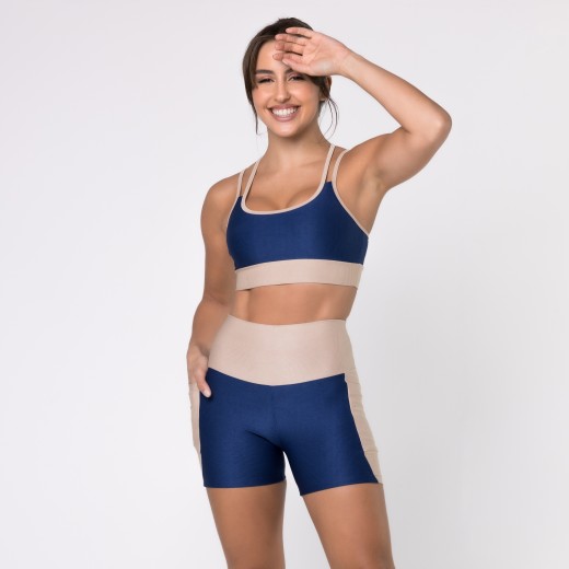 Short Fitness Canelado Com Bolsos Laterais Colors Azul Marinho