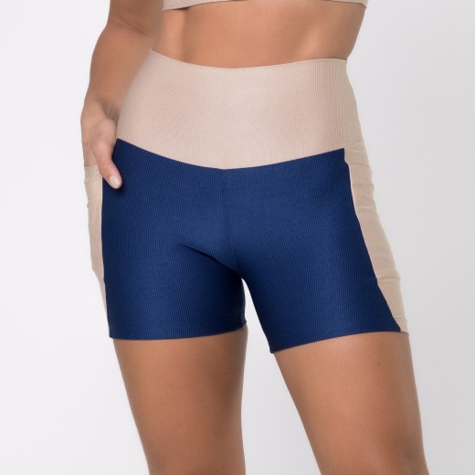 Short Fitness Canelado Com Bolsos Laterais Colors Azul Marinho