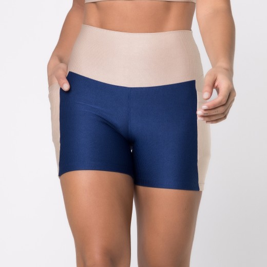 Short Fitness Canelado Com Bolsos Laterais Colors Azul Marinho