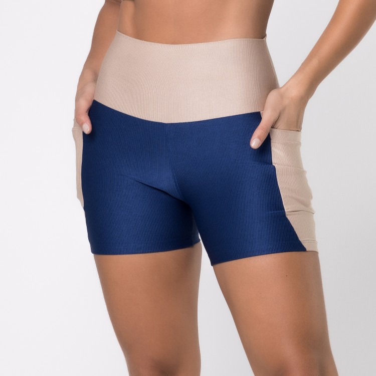 Short Fitness Canelado Com Bolsos Laterais Colors Azul Marinho